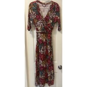 Soft Surroundings Maxi Dress MED PETITE “Salvadora” Floral Faux Wrap Vibrant EUC